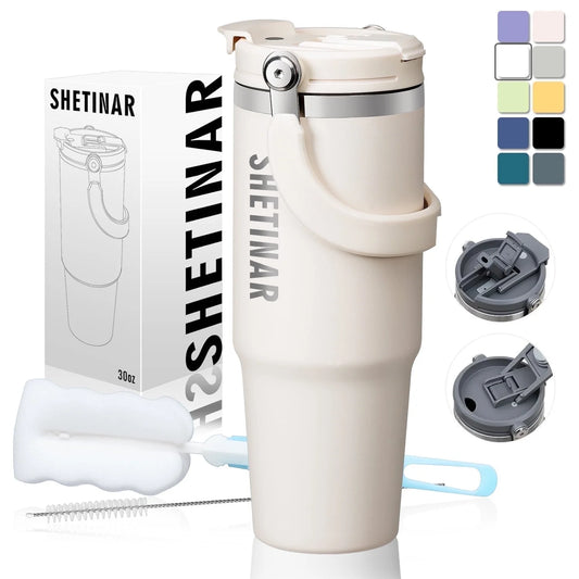 30 Oz Tumbler with Lid and Handle, Vacuum Insulated Water Bottle for Home, Office or Car, Insulated Cup Reusable Stainless Steel Travel Mug Cupholder,Milk White