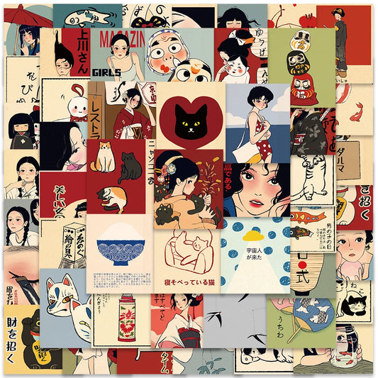 50Pcs Vintage Classic Japanese Tradition Style Anime Stickers for DIY Car Luggage Laptop Fridge Waterproof Vinyl Decal Wholesale